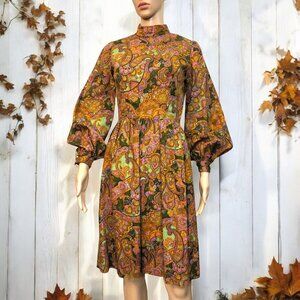 SOLD Vintage 60s Barkcloth Multicolor Psychedelic Mock Neck Puff Sleeve Dress